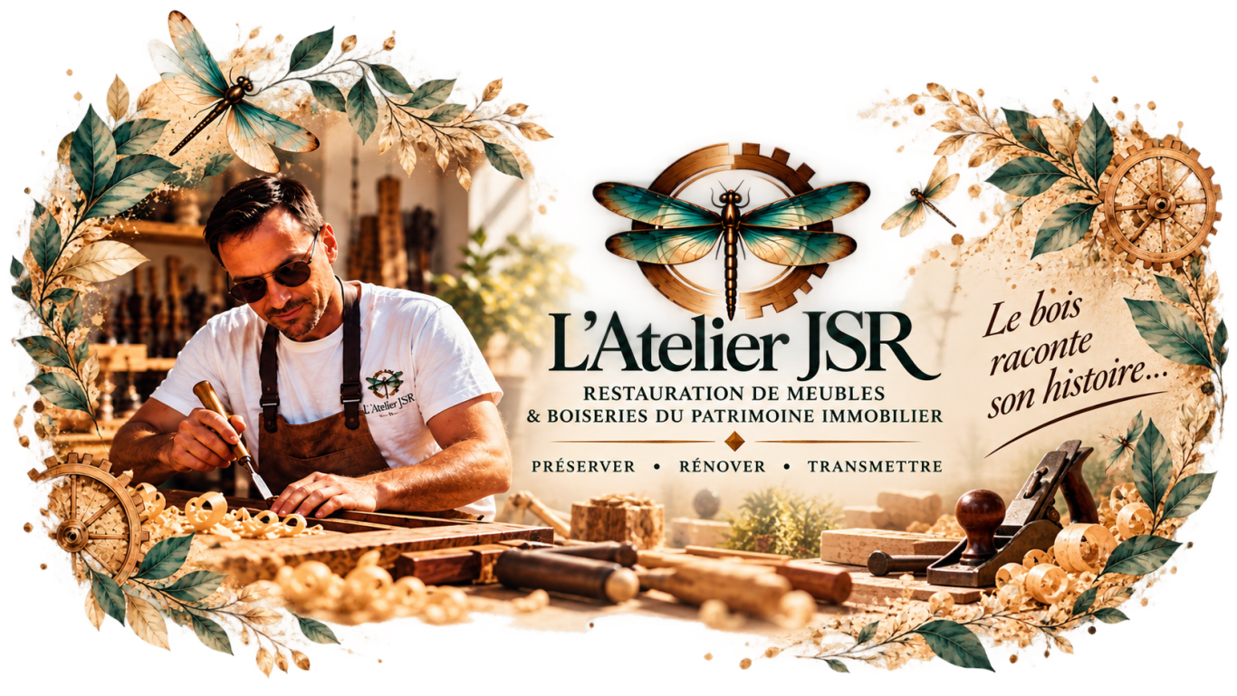 Illustration de L'Atelier JSR : artisan travaillant le bois au ciseau, avec meubles, escalier, parquet et volets Illustration de L'Atelier JSR : artisan travaillant le bois au ciseau, avec meubles, escalier, parquet et volets